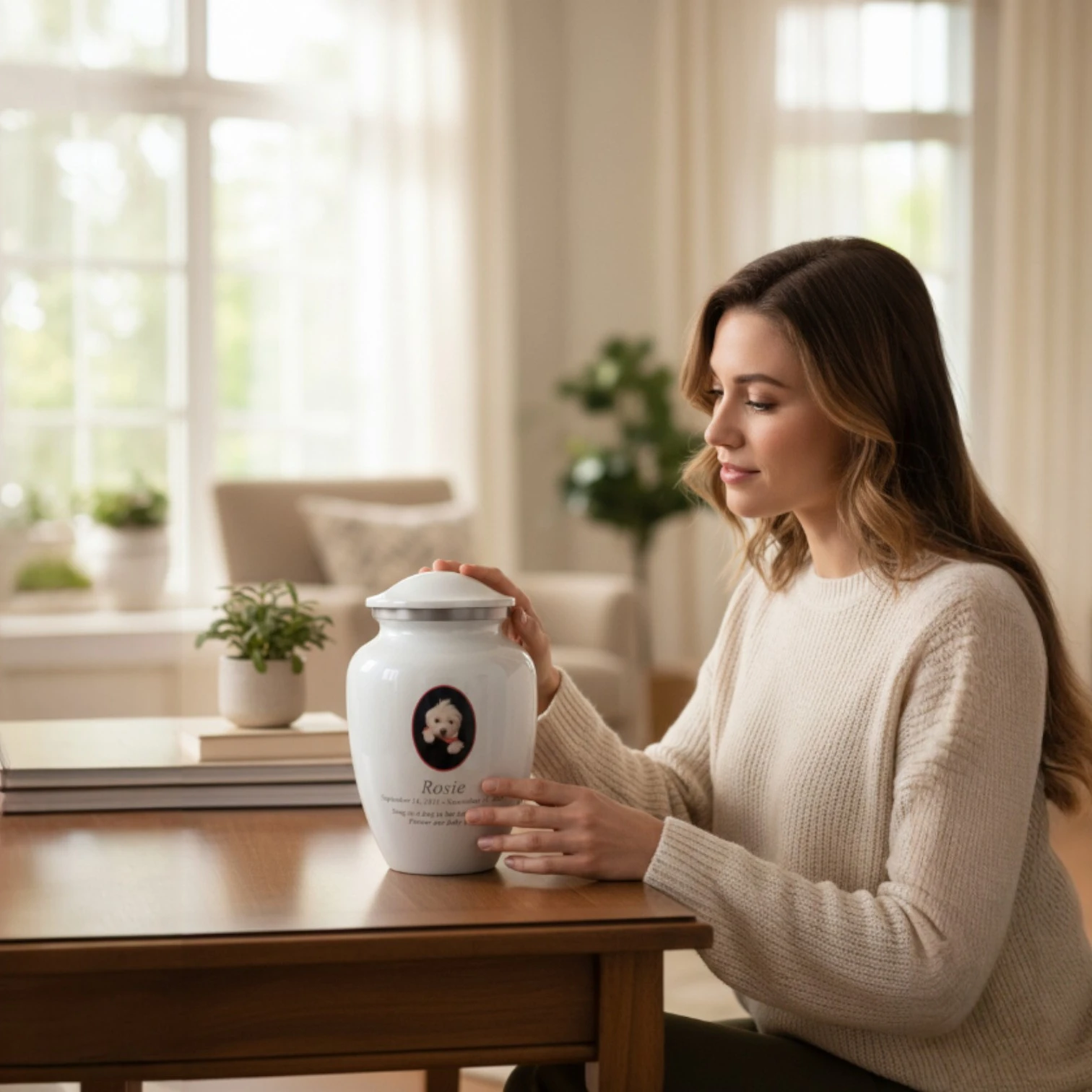 Woman holding a personalized white pet cremation urn with Rosie's portrait