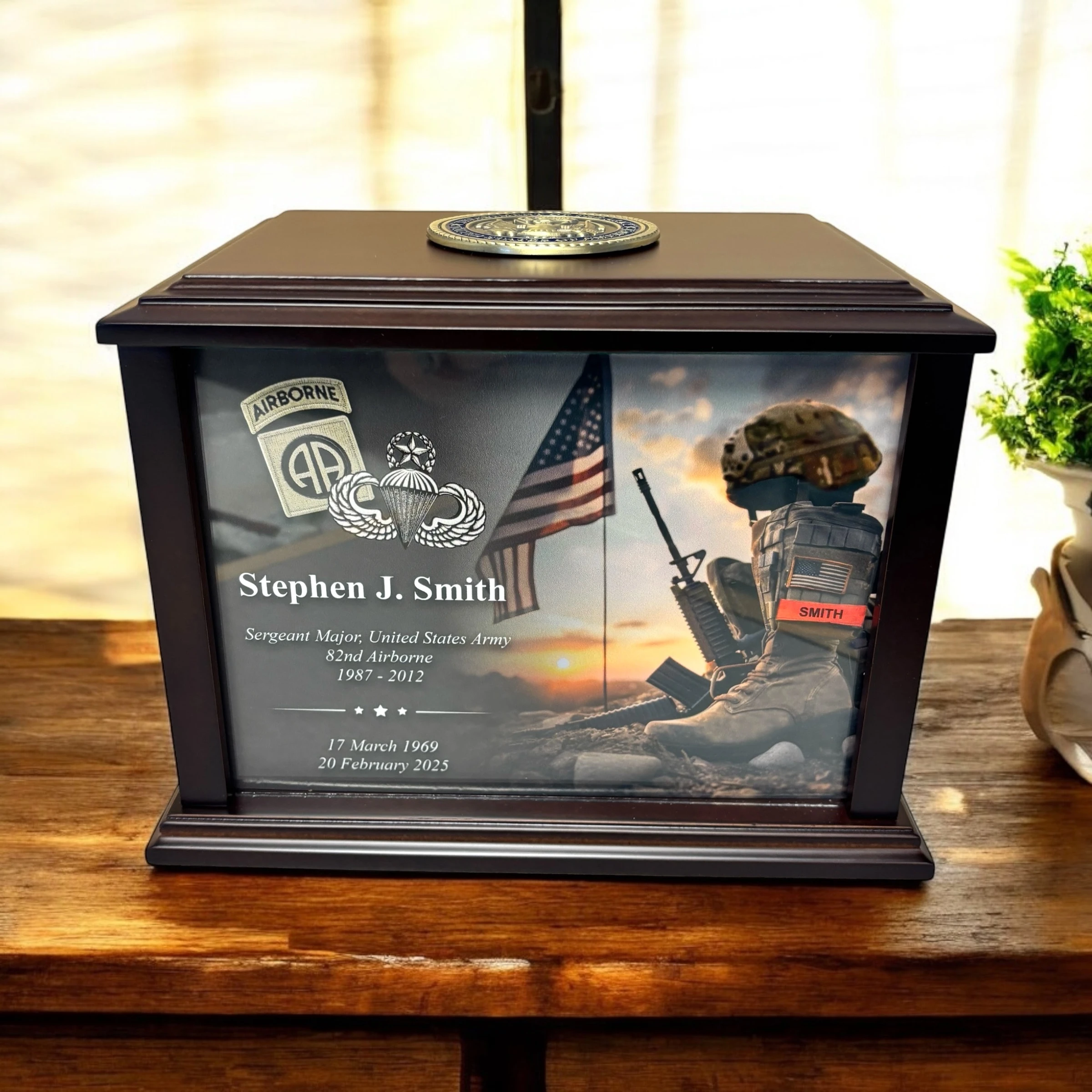 Personalized Army cremation urn honoring Stephen Smith's military service