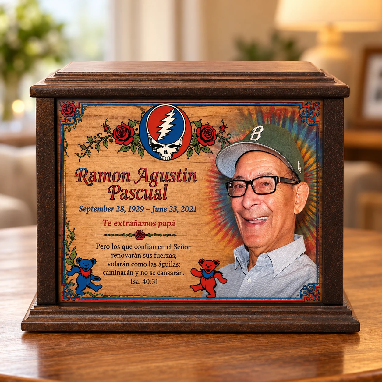 Wood memorial urn with roses and a personalized portrait &mdash; proposed concept