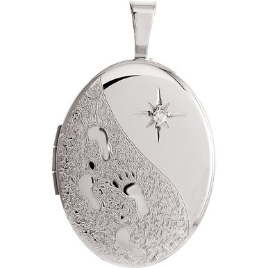 Oval Footprints in the Sand Sterling Memorial Locket Jewelry Necklace