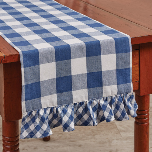 WICKLOW CHECK RUFFLED TABLE RUNNER 13X42 CHINA BLUE