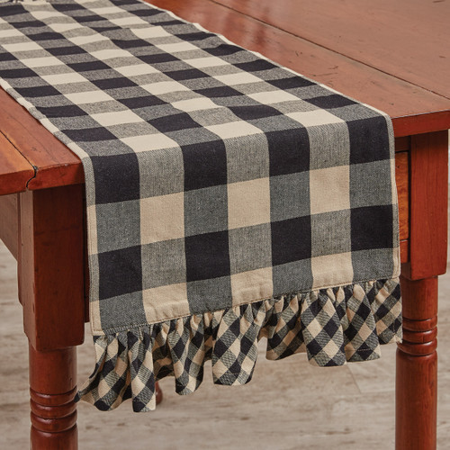 WICKLOW CHECK RUFFLED TABLE RUNNER 13X54 BLACK