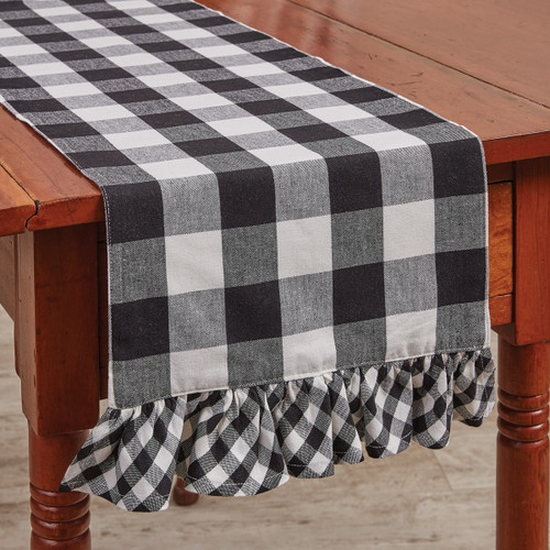 WICKLOW CHECK RUFFLED TABLE RUNNER 13X54 BLACK/CREAM