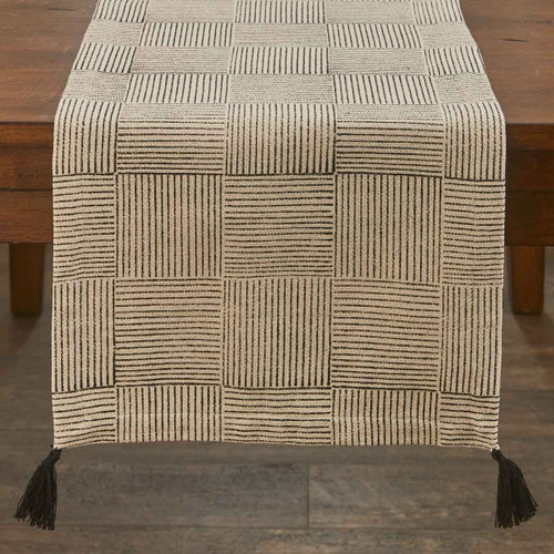 BLACK AND NATURAL BLOCK PRINT TABLE RUNNER 15X72