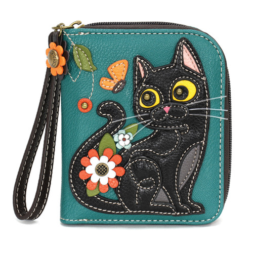 Zip-Around Wallet - Black Cat - turquoise