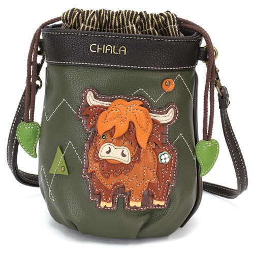 Drawstring Bucket Bag - RFID - Highland Cow - oliv