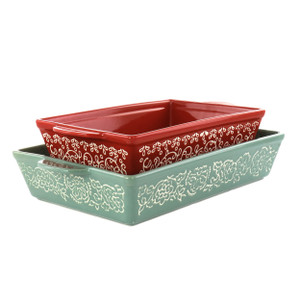 Laurie Gates 2 Piece Tierra Wax Relief Stoneware Baker Set in Red and Mint D970-136569.02 Laurie Gates 2 Piece Tierra Wax Relief Stoneware Baker Set in Red and Mint D970-136569.02
