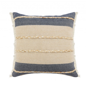 24" X 24" Denim Blue Tan And Taupe Jute Coastal Zippered Pillow N270-516725 24" X 24" Denim Blue Tan And Taupe Jute Coastal Zippered Pillow N270-516725