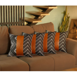 Set Of 4 Black And White Geo With Faux Leather Lumbar Pillow Covers N270-386827 Set Of 4 Black And White Geo With Faux Leather Lumbar Pillow Covers N270-386827