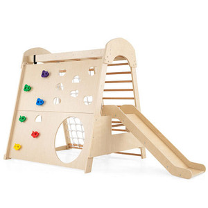 8-in-1 Indoor Jungle Gym Wooden Playground with Swing and Climbing Wall-Natural B593-TS10231 8-in-1 Indoor Jungle Gym Wooden Playground with Swing and Climbing Wall-Natural B593-TS10231