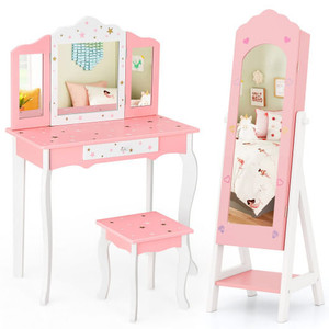 2 Pieces Kids Vanity Set and Jewelry Armoire Cabinet with Full-length Mirror-Pink B593-HY10313+HW68464 2 Pieces Kids Vanity Set and Jewelry Armoire Cabinet with Full-length Mirror-Pink B593-HY10313+HW68464