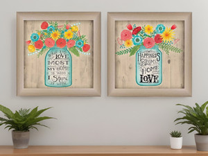 Set Of Two Mason Jar Floral Happiness at Home Brown Framed Print Wall Art N270-405709