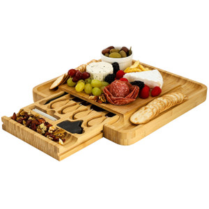 MegaChef Bamboo Charcuterie Cheese Board with Slide Out Drawer with Cheese Utensils, Bottle Opener, D970-MC-B103 MegaChef Bamboo Charcuterie Cheese Board with Slide Out Drawer with Cheese Utensils, Bottle Opener, D970-MC-B103