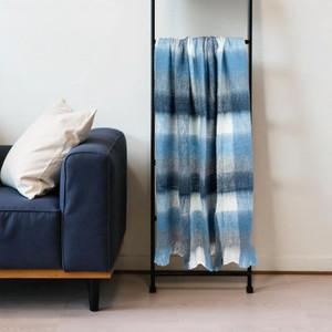 52" X 67" Gray Ivory and Blue Woven Wool Blend Plaid Throw Blanket with Fringe N270-529169 52" X 67" Gray Ivory and Blue Woven Wool Blend Plaid Throw Blanket with Fringe N270-529169