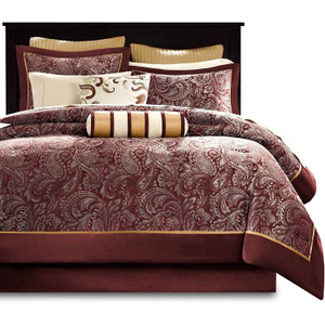 Queen 12 Piece Cotton Polyester Comforter Set Red Gold Paisley Q280-RDQN1288 Queen 12 Piece Cotton Polyester Comforter Set Red Gold Paisley Q280-RDQN1288
