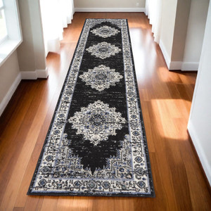 10' Runner Black and Ivory Floral Power Loom Distressed Runner Rug N270-522459 10' Runner Black and Ivory Floral Power Loom Distressed Runner Rug N270-522459