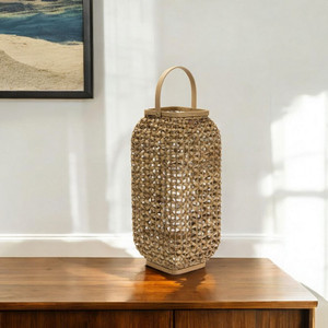 20" Natural Glass and Wicker Woven Floor Lantern Candle Holder N270-517599 20" Natural Glass and Wicker Woven Floor Lantern Candle Holder N270-517599