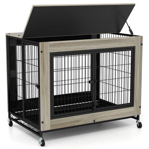 Industrial Dog Kennel with Flip-up Top 3 Lockable Doors and Removable Tray-Gray - Color: Gray D681-PU10060GR