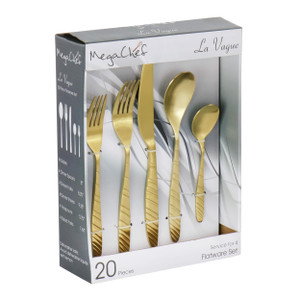 Megachef La Vague 20 Piece Flatware Utensil Set, Stainless Steel Silverware Metal Service for 4 in  D970-MCFW-LA VAGUE-MATTEGOLD