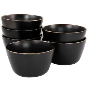 Elama Paul 6 Piece Stoneware Bowl Set in Matte Black with Gold Rim D970-ELM-PAUL6B