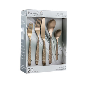 MegaChef La Vague 20 Piece Flatware Utensil Set, Stainless Steel Silverware Metal Service for 4 in  D970-MCFW-LA VAGUE-MATTEROSEGOLD