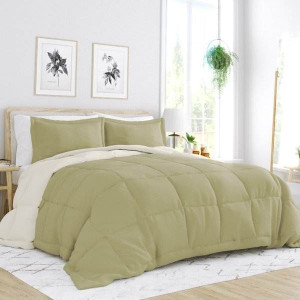 King/Cal King 3-Piece Microfiber Reversible Comforter Set in Sage Green/Cream Q280-OLKI8907