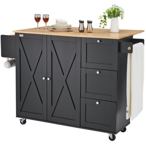 Kitchen Island Cart, 56" Wood Top Mobile Carts with Storage Cabinet, Rolling Table with Drop Leaf,  E415-QFBYDKCFD3XJC3ZMWV0