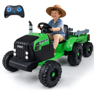 24V Ride On Tractor for Kids Electric Vehicle with Detachable Trailer and Remote Control-Green - Co D681-TQ10439US-GN