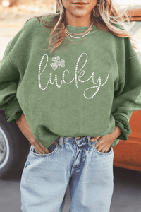 Grass Green Rhinestone lucky Clover Graphic Ribbed St Patrick Sweatshirt T543-8793159893234