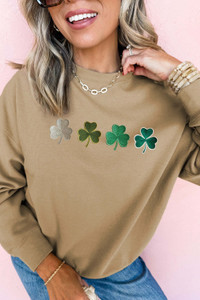 Khaki Embroidered Clover Pattern St Patrick Pullover Sweatshirt T543-8794172326130
