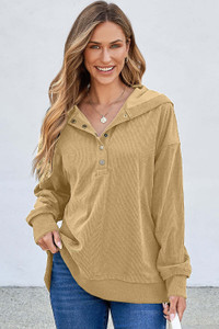 Simply Taupe Solid Ribbed Knit Buttoned Drop Shoulder Oversized Hoodie T543-8797464625394