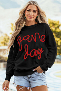 Black Tinsel Game Day Drop Shoulder Graphic Sweatshirt T543-8797426254066