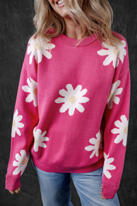 Bright Pink Daisy Flower Crew Neck Long Sleeve Sweater T543-8797472981234