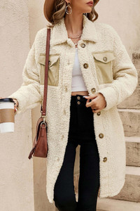 Beige Contrast Flap Pocket Single Breasted Teddy Coat T543-8793090621682