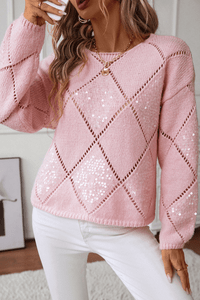 Light Pink Hollowed Rhombus Pattern Sequin Detail Round Neck Sweater T543-8793103106290