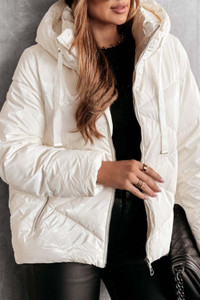 White Solid Quilted Hooded Zip Up Puffer Coat T543-8783400763634