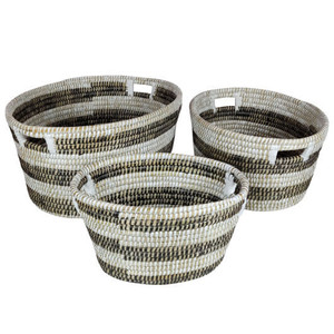 Natural Canes Grass Baskets Stackable Storage Bins Set of 3 with Hollowed Handles B593-JZ10264