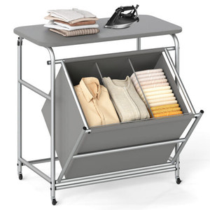 3-Section Laundry Sorter with Foldable Ironing Board and Lockable Wheels-Gray B593-JV12970