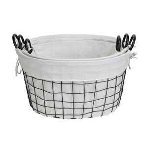 Set Of Three Black Oval Wire Baskets with White Fabric Liners and Handles N270-379831