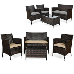 4 Pieces Comfortable Outdoor Rattan Sofa Set with Glass Coffee Table-Beige & Gray - Color: Beige & D681-HW67772BG 4 Pieces Comfortable Outdoor Rattan Sofa Set with Glass Coffee Table-Beige & Gray - Color: Beige & D681-HW67772BG