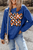 Dark Blue Chenille Checkered Game Day Graphic Drop Shoulder Corded Sweatshirt T543-8798853464306