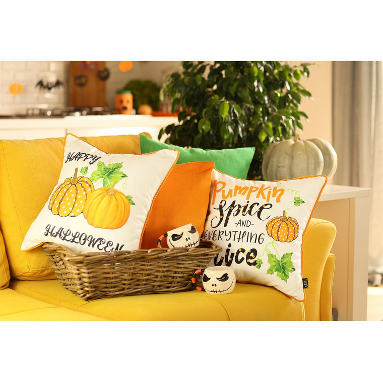 Set Of Four 18" Orange Green Pumpkin Halloween Throw Pillow Covers N270-376895