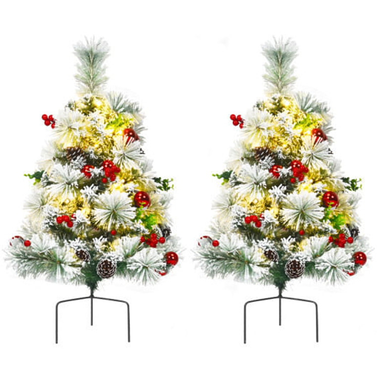 2 Feet Set of 2 Pre-lit Pathway Flocked Christmas Trees Battery Powered B593-CM22864