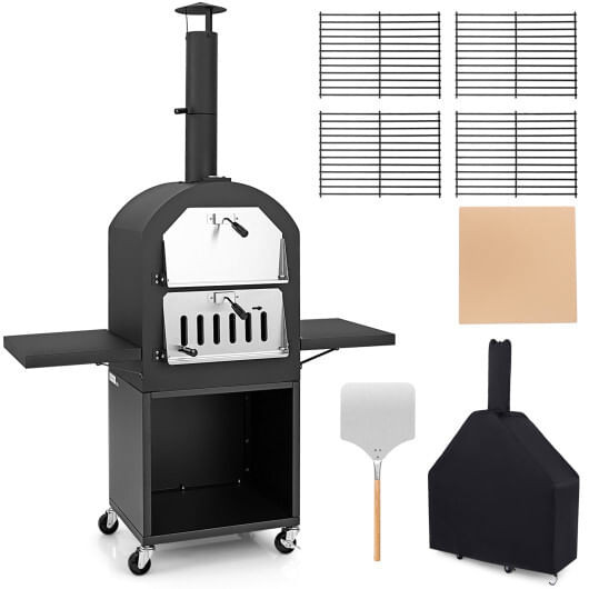 Outdoor Pizza Oven with Protective Cover and Grill Racks and Built-in Thermometer - Color: Black D681-NP11737
