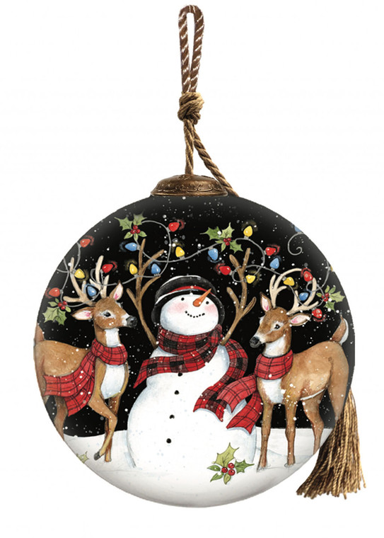 Snowman and Reindeer in Holiday Lights Hand Painted Mouth Blown Glass Ornament N270-477551