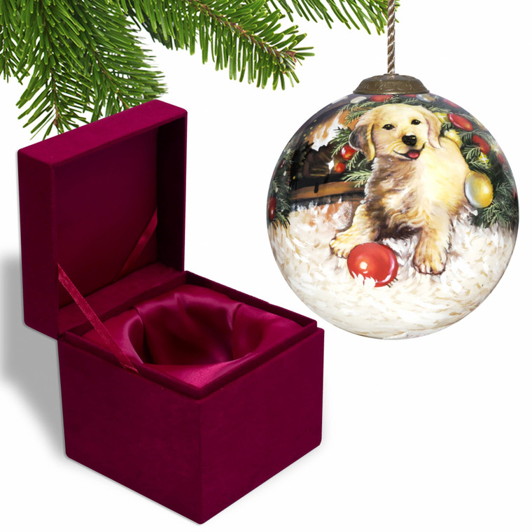 Puppy under the Christmas Tree Hand Painted Mouth Blown Glass Ornament N270-477517