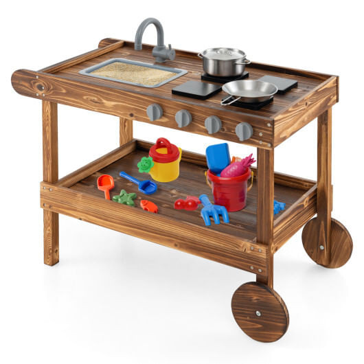 Outdoor Movable Mud Kitchen with 2 Rolling Wheels and 1 Push Handle-Natural B593-TY347733