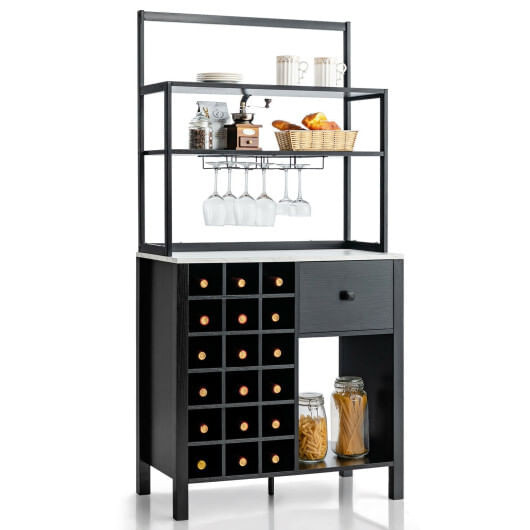 Kitchen Bakers Rack Freestanding Wine Rack Table with Glass Holder and Drawer-Black - Color: Black D681-JV10117BK