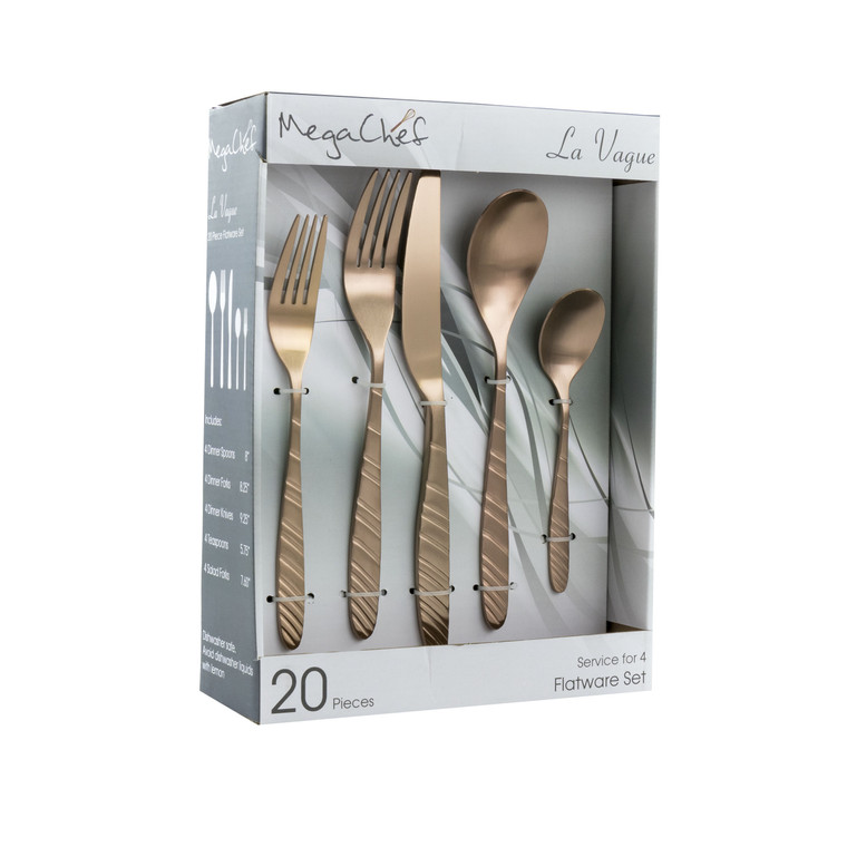 MegaChef La Vague 20 Piece Flatware Utensil Set, Stainless Steel Silverware Metal Service for 4 in  D970-MCFW-LA VAGUE-MATTEROSEGOLD