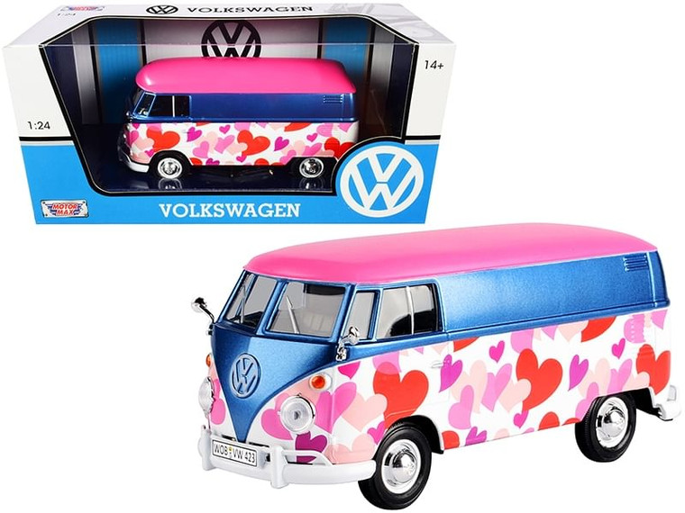 Volkswagen Type 2 (T1) Delivery Van "Love" Pink and Blue Metallic 1/24 Diecast Model Car by Motormax F977-79581